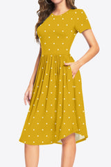 Printed Round Neck Short Sleeve Dress with Pockets - Trendsi