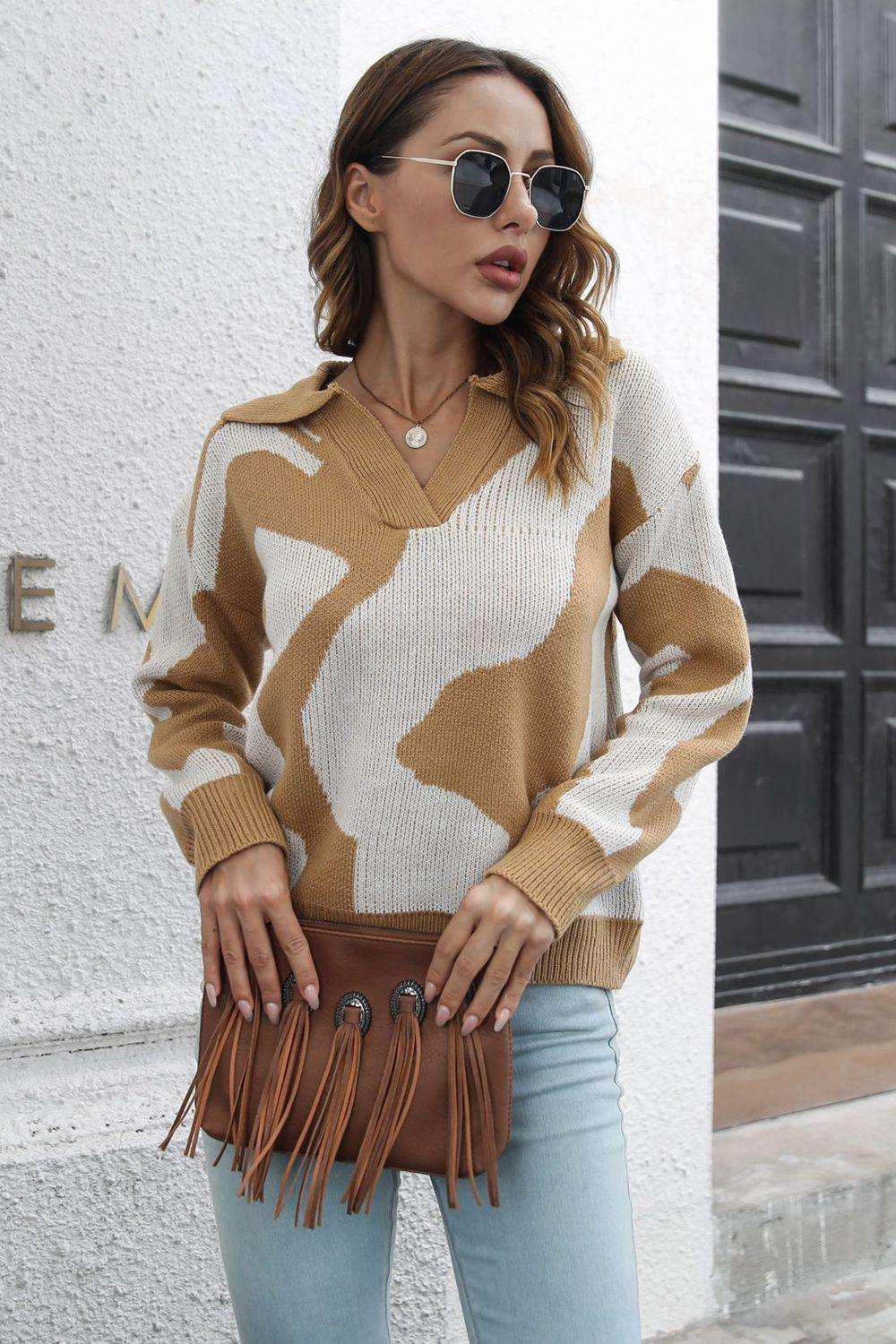 Two-Tone Johnny Collar Dropped Shoulder Pullover Sweater - Trendsi - Flyclothing LLC