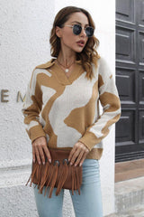 Two-Tone Johnny Collar Dropped Shoulder Pullover Sweater - Flyclothing LLC