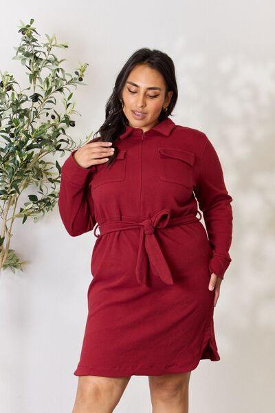 Culture Code Full Size Tie Front Half Zip Long Sleeve Shirt Dress - Trendsi