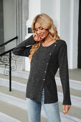 Buttoned Long Sleeve Slit Top - Trendsi
