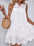 Eyelet Tie Neck Sleeveless Mini Dress - Trendsi