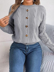Cable-Knit Buttoned Round Neck Sweater - Trendsi