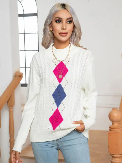 Openwork Geometric Mock Neck Sweater - Trendsi - Flyclothing LLC