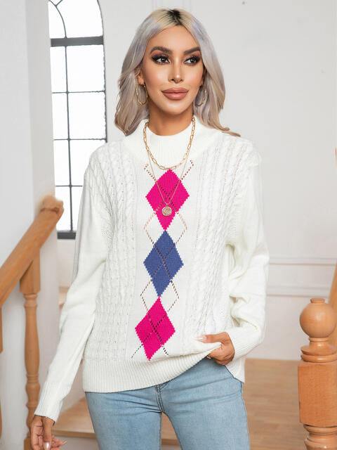 Openwork Geometric Mock Neck Sweater - Trendsi