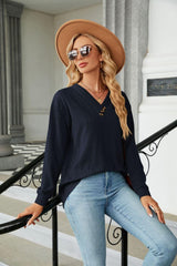 Decorative Button V-Neck Long Sleeve T-Shirt - Trendsi