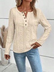 Openwork Half Button Long Sleeve Blouse - Trendsi