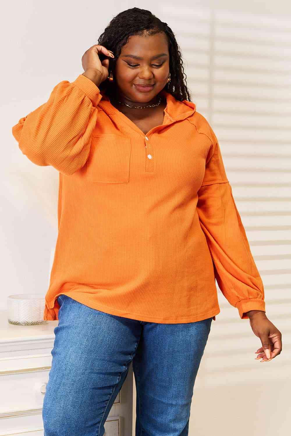 Basic Bae Side Slit Buttoned Waffle Knit Hoodie - Trendsi - Flyclothing LLC