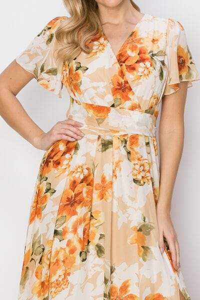 HYFVE Floral Tie Back Short Sleeve Slit Maxi Dress - Trendsi - Flyclothing LLC