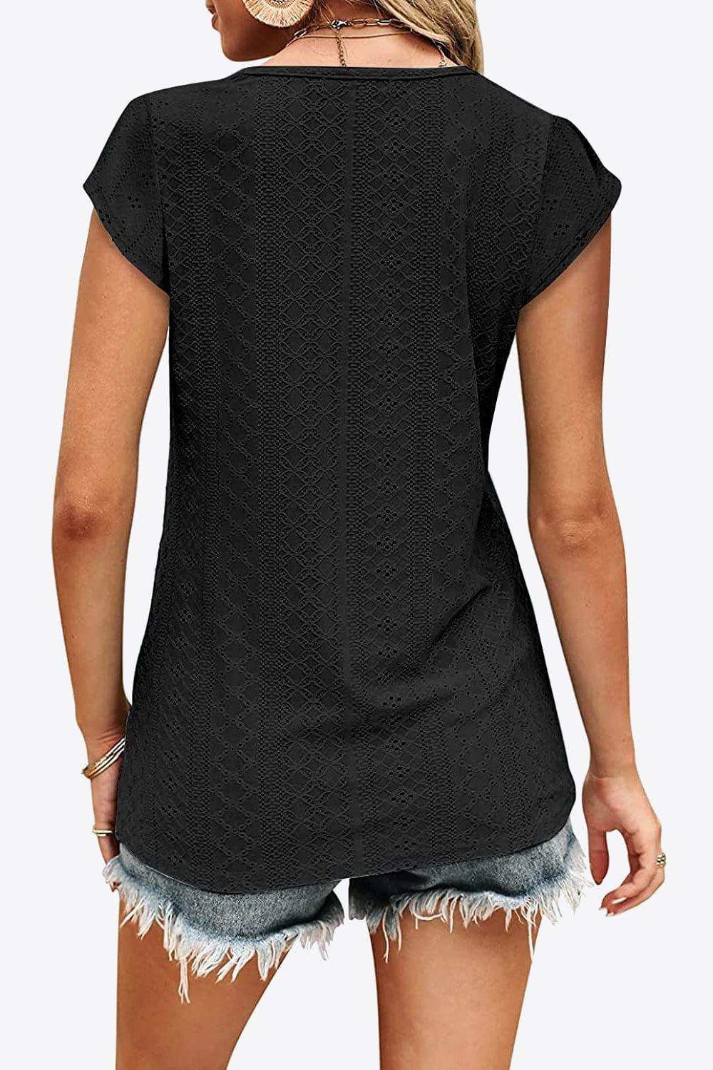 Eyelet Contrast V-Neck Tee - Trendsi - Flyclothing LLC