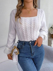 Cable-Knit Square Neck Long Sleeve Sweater - Trendsi
