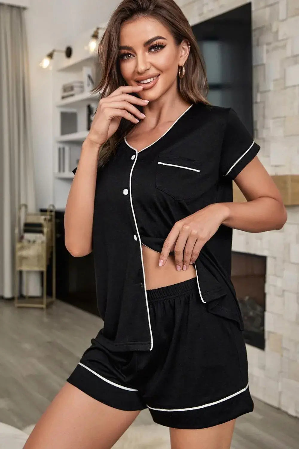 Contrast Piping Button-Up Top and Shorts Pajama Set - Trendsi - Flyclothing LLC