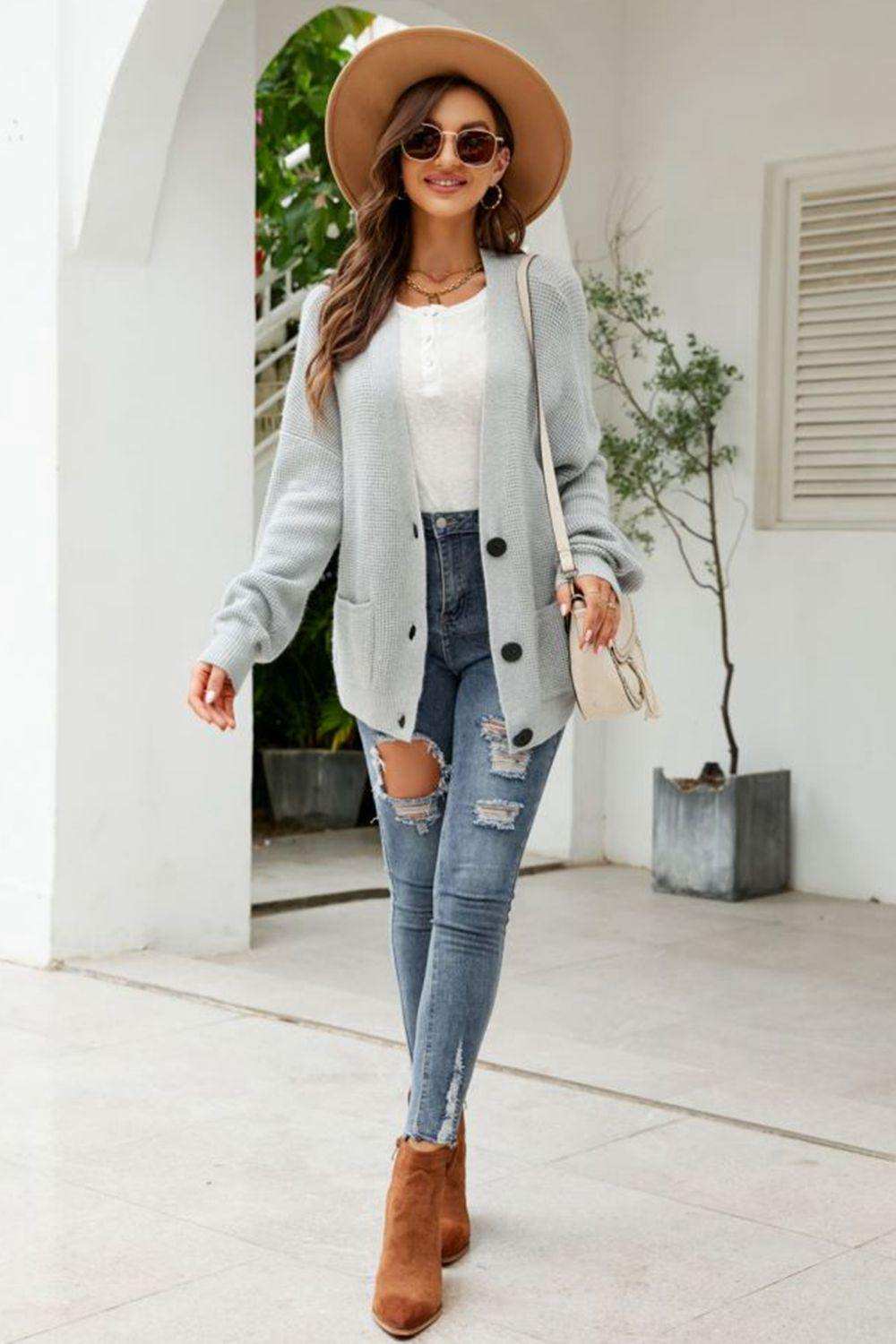 Waffle-Knit Dropped Shoulder Cardigan - Trendsi - Flyclothing LLC