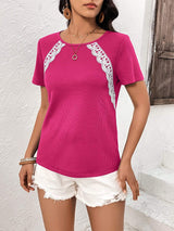 Lace Trim Contrast Waffle-Knit Top - Trendsi - Flyclothing LLC