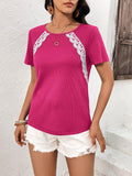 Lace Trim Contrast Waffle-Knit Top - Trendsi