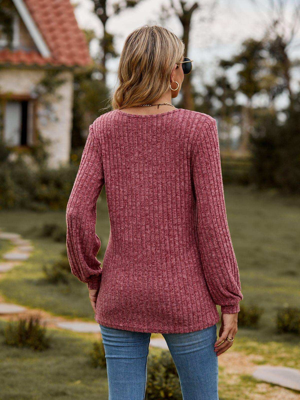 Round Neck Button-Down Long Sleeve Tee - Trendsi - Flyclothing LLC