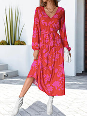 Floral V-Neck Long Sleeve Dress - Trendsi