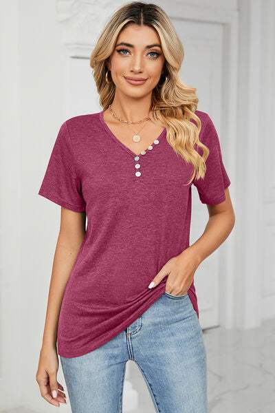 V-Neck Short Sleeve T-Shirt - Trendsi - Flyclothing LLC