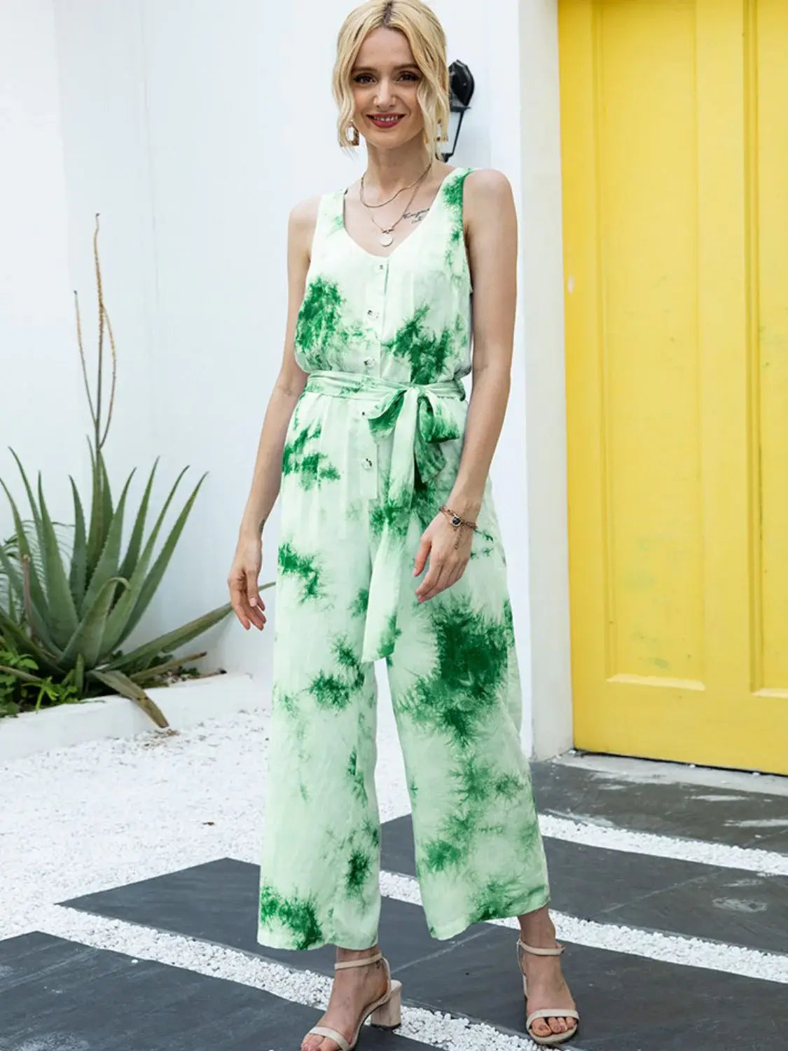 Tie-Dye Tie Waist Sleeveless Jumpsuit - Trendsi - Flyclothing LLC
