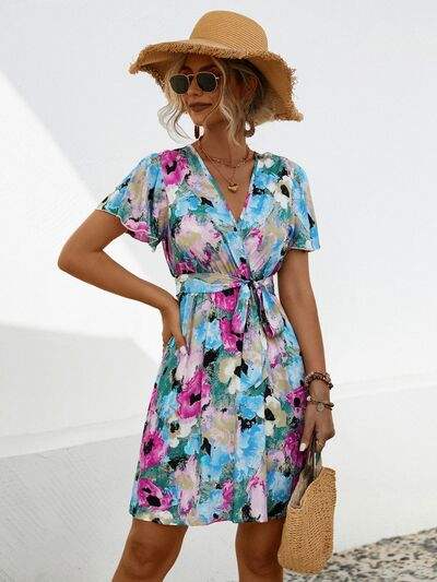 Printed Surplice Tie Waist Mini Dress - Trendsi - Flyclothing LLC