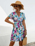 Printed Surplice Tie Waist Mini Dress - Trendsi - Flyclothing LLC