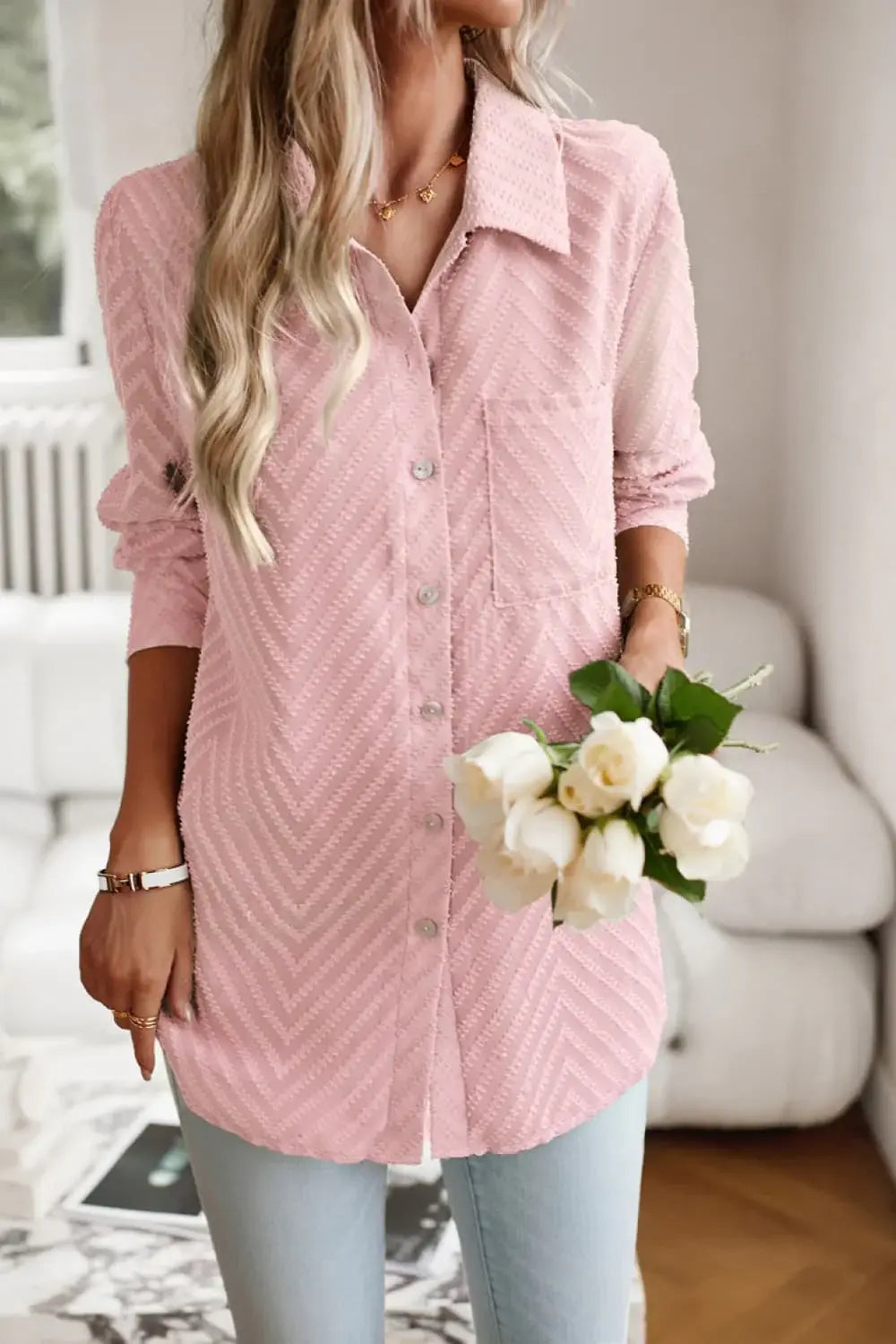 Collared Neck Long Sleeve Pocketed Shirt - Trendsi - Flyclothing LLC