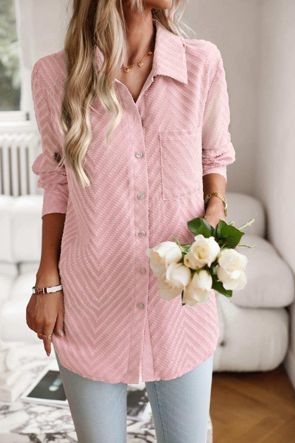 Collared Neck Long Sleeve Pocketed Shirt - Trendsi - Flyclothing LLC