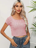 Cable-Knit Round Neck Short Sleeve Knit Top - Trendsi - Flyclothing LLC