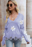 Flower Distressed Ribbed Trim Sweater - Trendsi - Flyclothing LLC