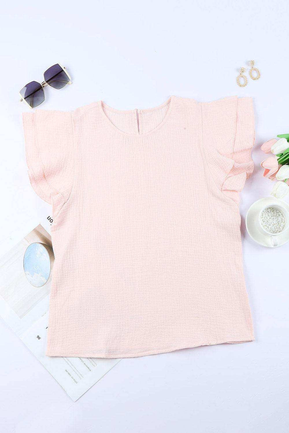 Textured Flutter Sleeve Keyhole Blouse - Trendsi - Flyclothing LLC