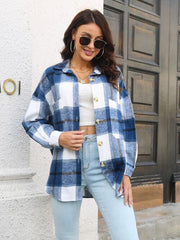 Plaid Button Up Collared Neck Long Sleeve Shirt - Trendsi