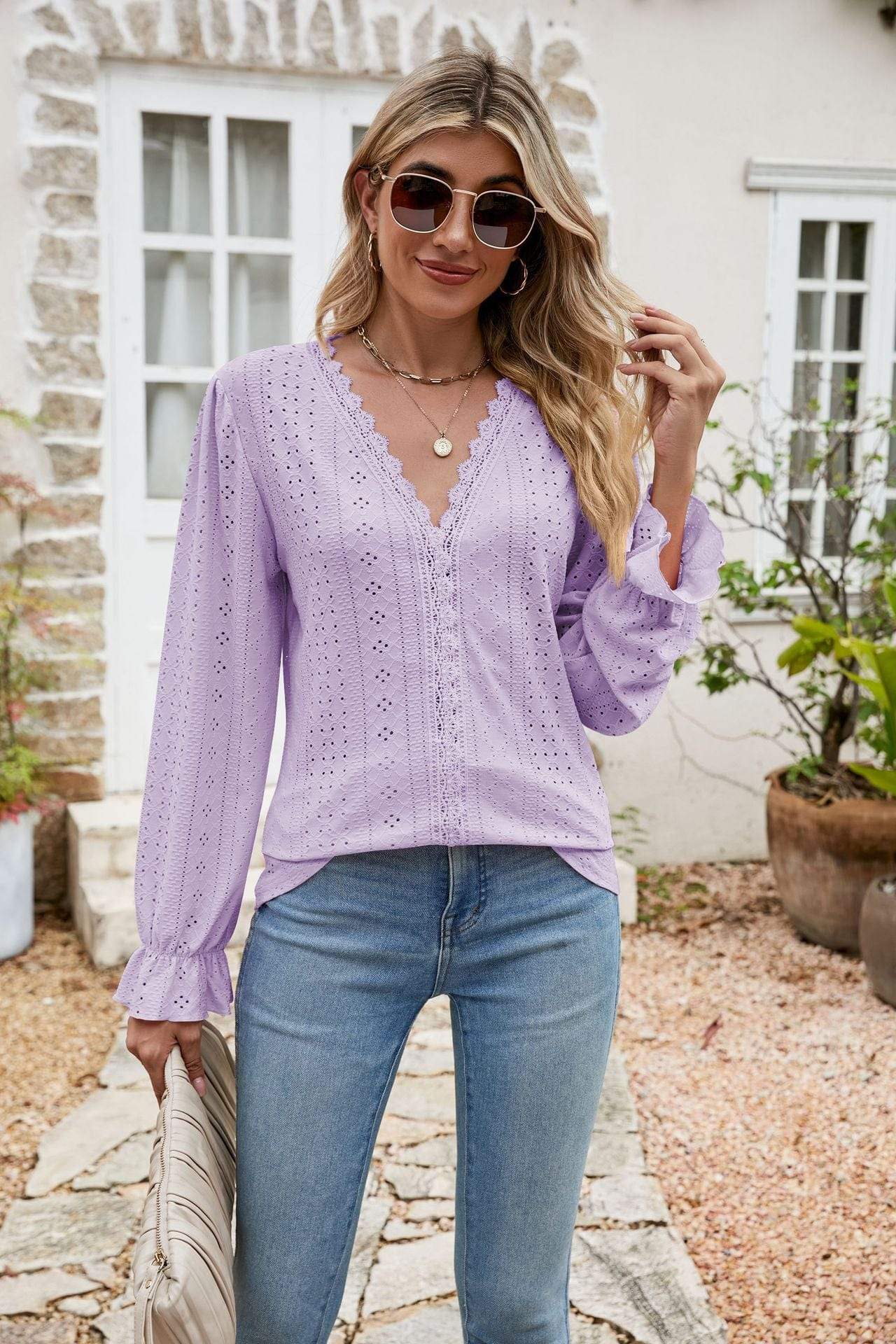 Eyelet Lace Trim Flounce Sleeve Blouse - Trendsi - Flyclothing LLC