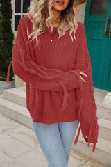 Fringe Round Neck Dropped Shoulder Sweater - Trendsi - Flyclothing LLC