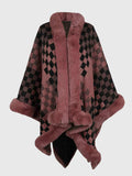 Checkered Faux Fur Trim Poncho - Trendsi - Flyclothing LLC