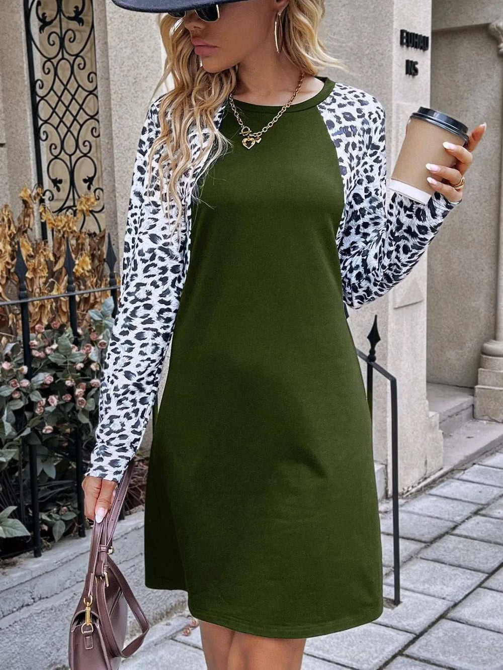 Leopard Round Neck Long Sleeve Dress - Trendsi - Flyclothing LLC