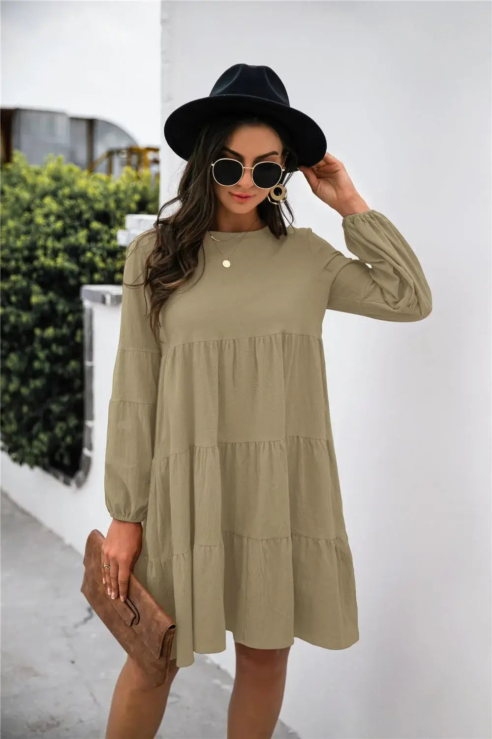Balloon Sleeve Keyhole Tiered Dress - Trendsi - Flyclothing LLC