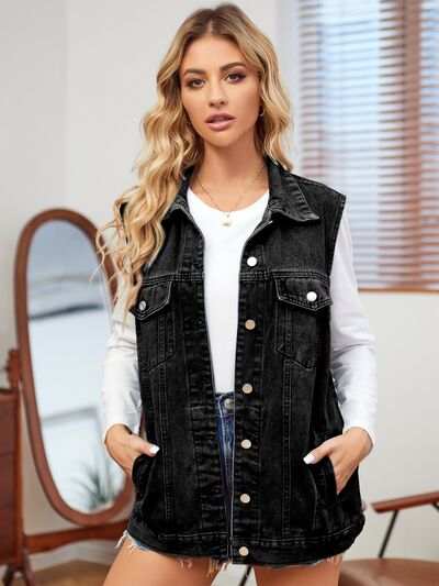 Pocketed Button Up Sleeveless Denim Jacket - Trendsi - Flyclothing LLC