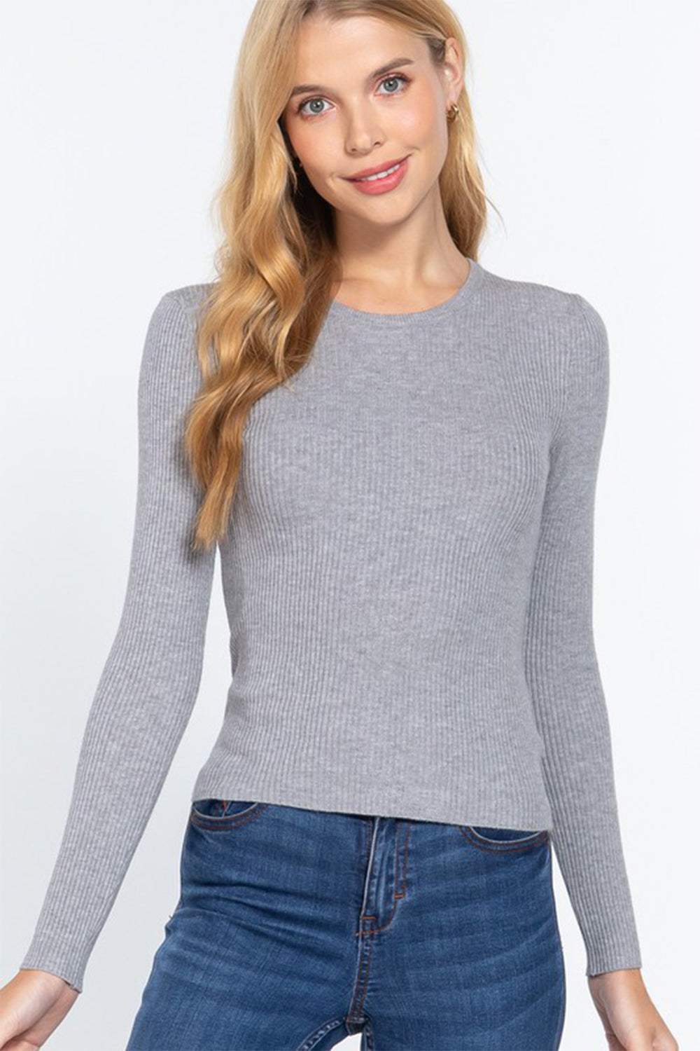 ACTIVE BASIC Full Size Ribbed Round Neck Long Sleeve Knit Top - Trendsi - Flyclothing LLC