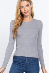 ACTIVE BASIC Full Size Ribbed Round Neck Long Sleeve Knit Top - Trendsi - Flyclothing LLC