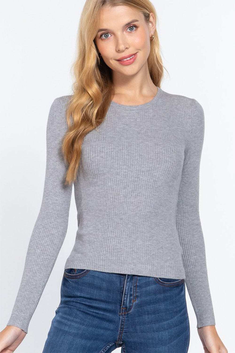 ACTIVE BASIC Full Size Ribbed Round Neck Long Sleeve Knit Top - Trendsi - Flyclothing LLC