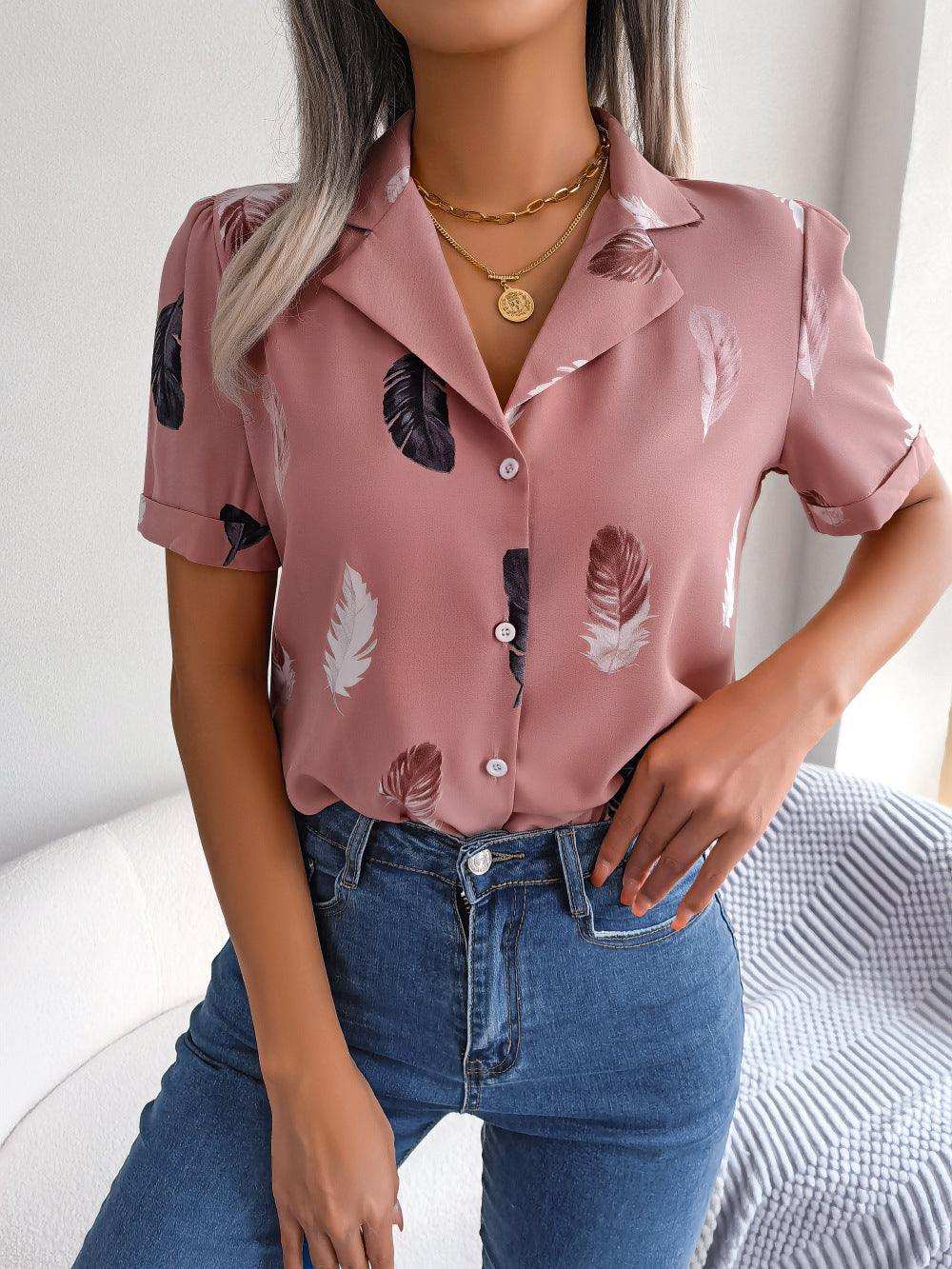 Feather Print Lapel Collar Puff Sleeve Shirt - Trendsi - Flyclothing LLC