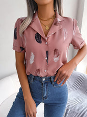 Feather Print Lapel Collar Puff Sleeve Shirt - Trendsi