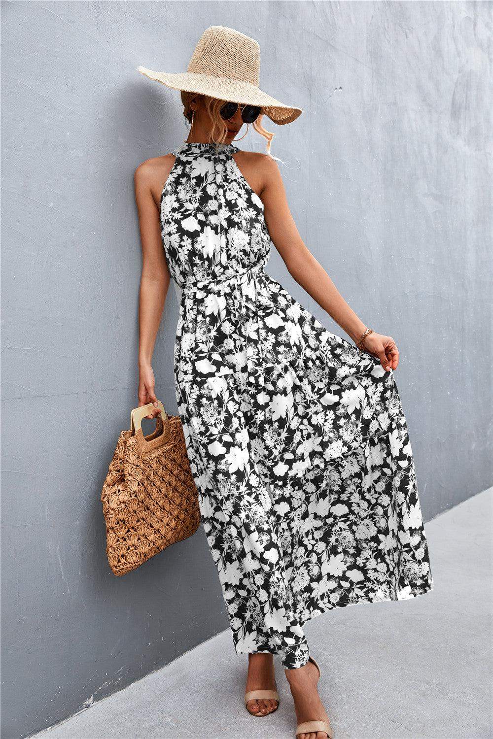 Printed Sleeveless Tie Waist Maxi Dress - Trendsi - Flyclothing LLC
