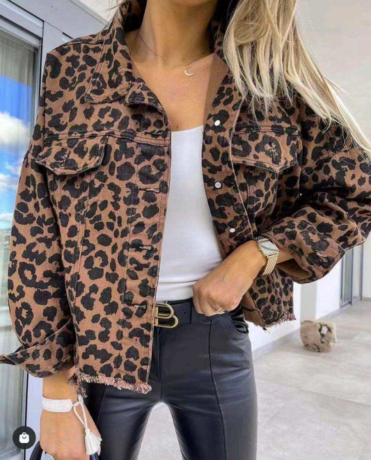 Leopard Raw Hem Denim Jacket - Trendsi - Flyclothing LLC