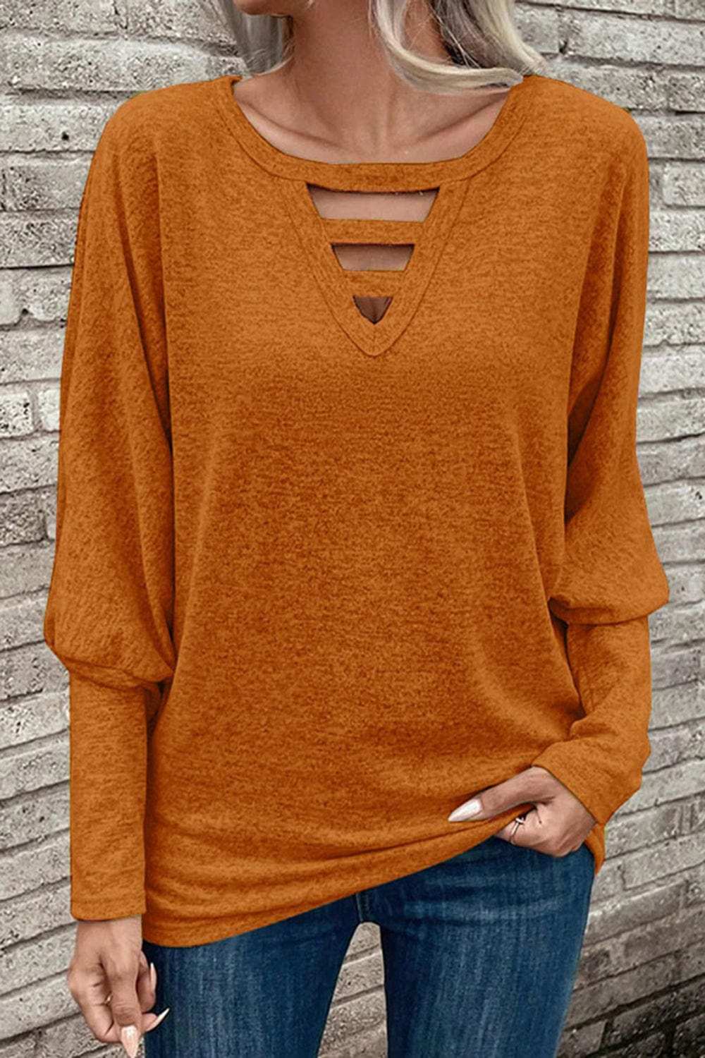 Cutout Round Neck Long Sleeve T-Shirt - Trendsi - Flyclothing LLC