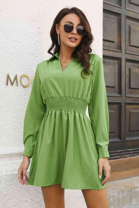Johnny Collar Smocked Waist Long Sleeve Mini Dress - Trendsi
