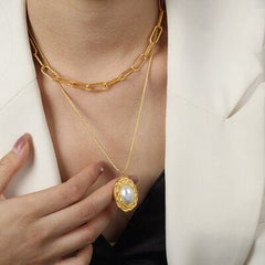 Inlaid Pearl Double-Layered Titanium Steel Necklace - Trendsi