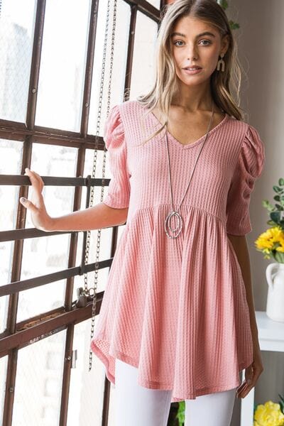 Heimish Full Size Waffle Knit V-Neck Babydoll Top - Trendsi