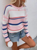 Striped Drop Shoulder Round Neck Pullover Sweater - Trendsi