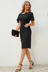 Slit Round Neck Flutter Sleeve Dress - Flyclothing LLC